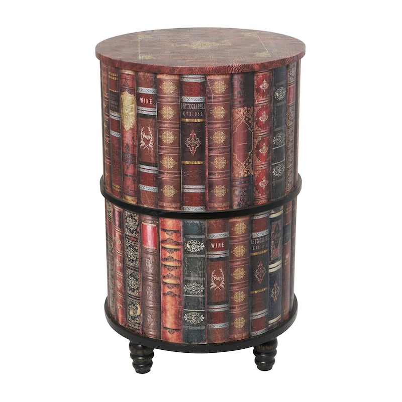 Faux Leather Circular Storage 2 Door Cabinet with Stacked Book Design and Scroll Details - Red - Roche River Décor.