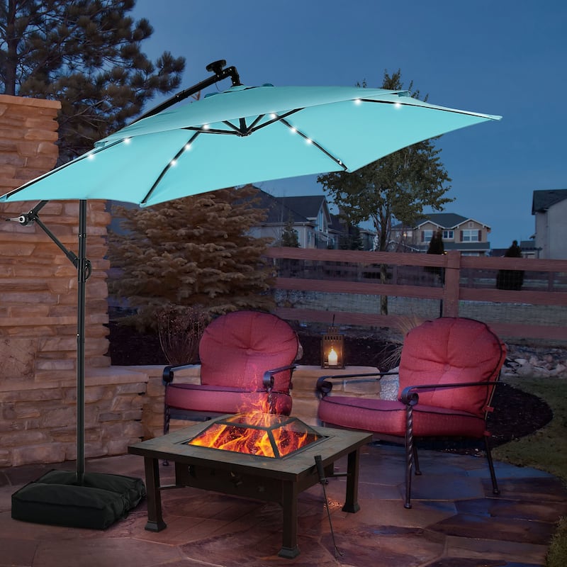 Ainfox 10 ft. Patio Offset Solar LED Umbrellas Cantilever Outside Umbrellas with Base - Blue