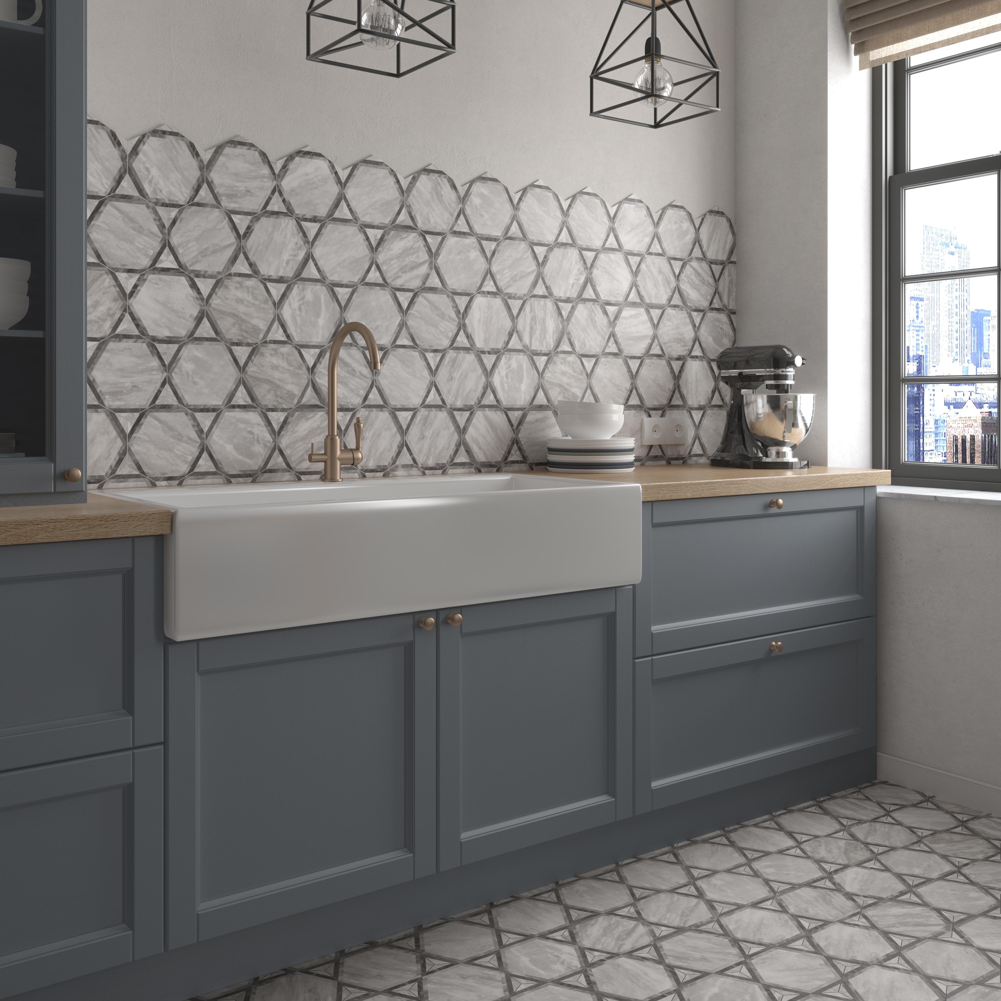 Merola Tile Classico Bardiglio Hex Dimension Light 7" x 8" Porcelain Floor and Wall Tile