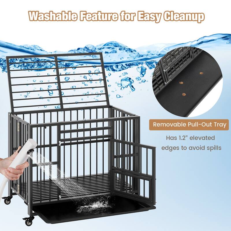 Gymax Foldable Heavy-Duty Metal Dog Cage w/ Lockable Universal Wheels