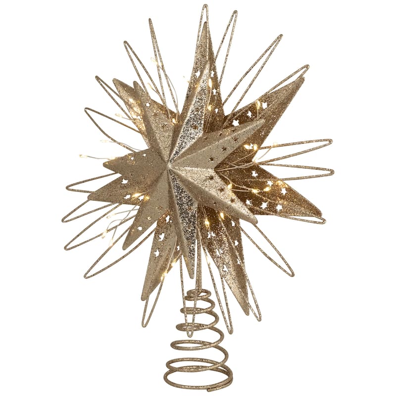LED Lighted Starburst Glittered Christmas Tree Topper - 13" - Champagne Gold - White Lights