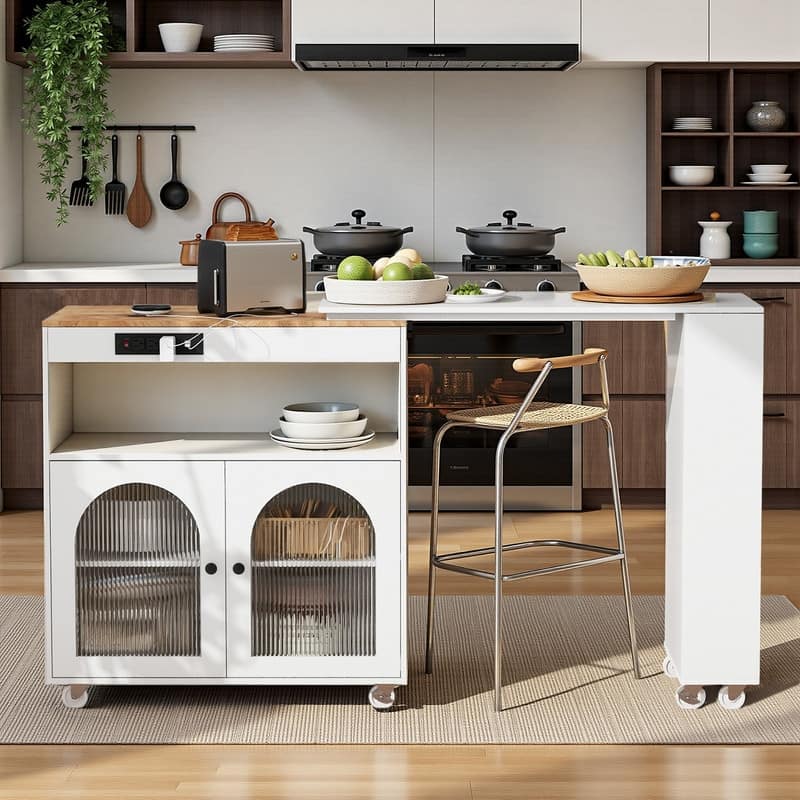 Randy Rolling Kitchen Island With Extended Table - White