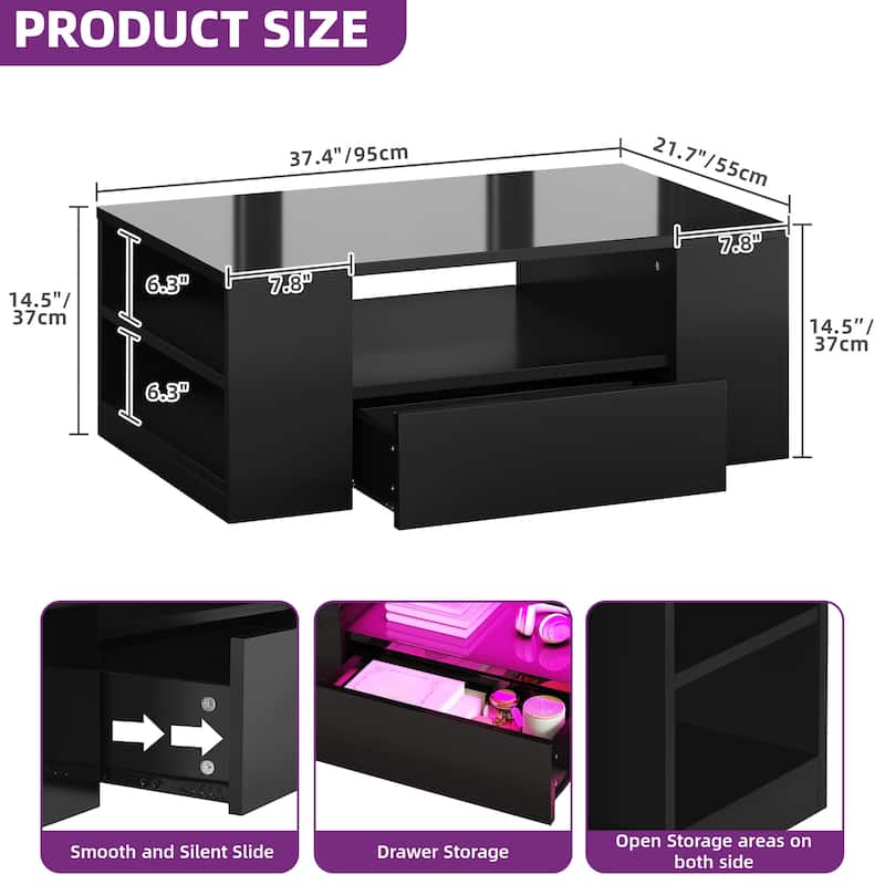 Moasis Modern High Gloss LED Coffee Table with 2 Drawers, Cocktail Center Table w/Shelves