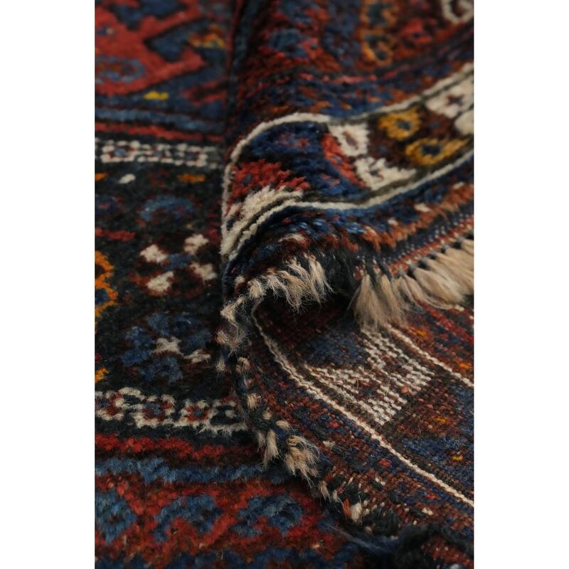 Hand Knotted Oriental 100% Wool Carpet Traditional Tribal Navy Blue & Blues Shiraz Runner Rug - 12' 2'' X 4' 3''
