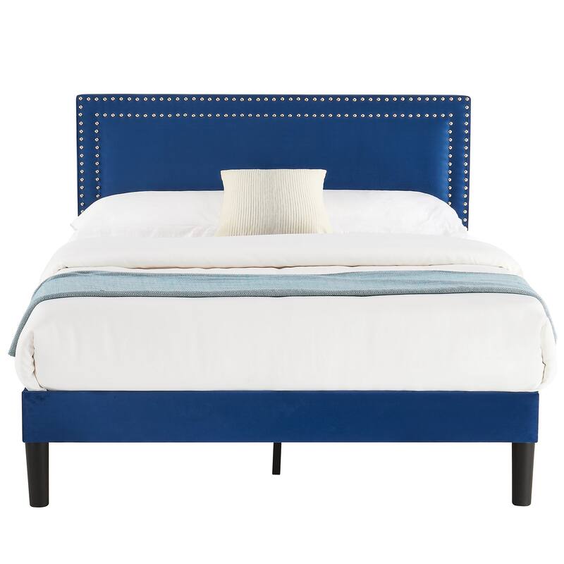Tufted Nailhead Upholstered Platform Bed Frame with Adjustable Headboard，Blue