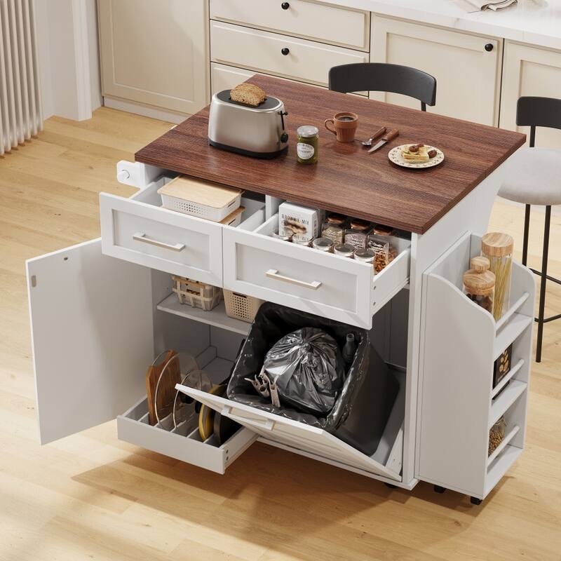 47.2" Farmhouse Kitchen Island with Drop Leaf,Removable Side Racks and Two Drawers - White