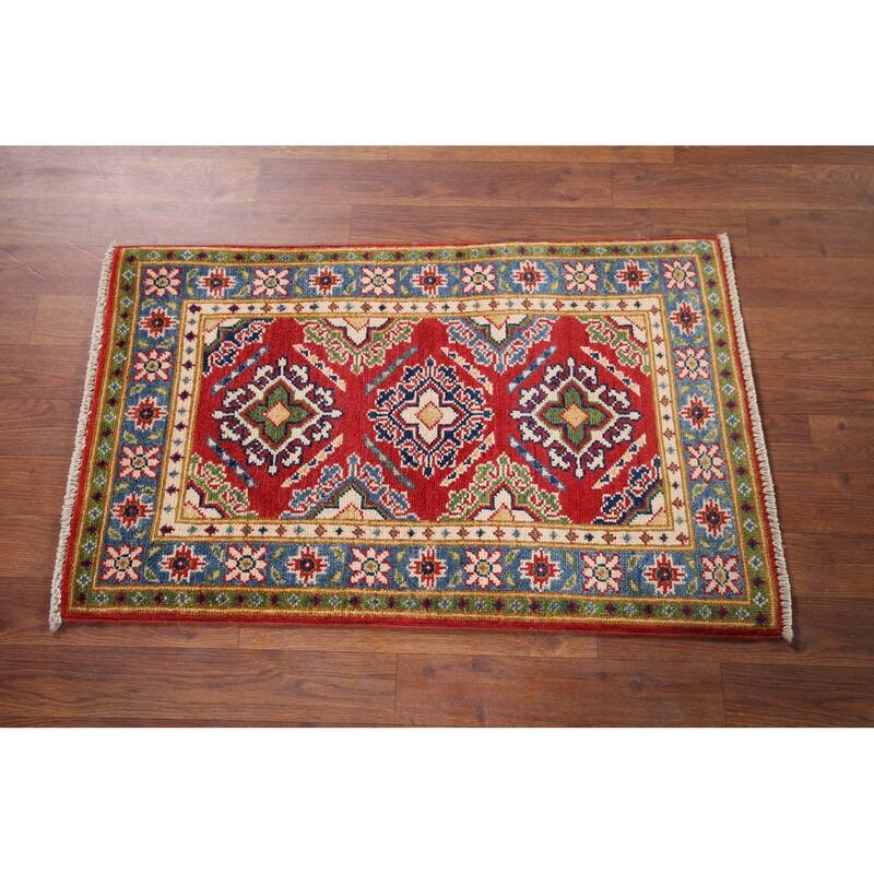 Hand Knotted Oriental 100% Wool Carpet Traditional Geometric Red Kazak Area Rug - 3' 0'' X 1' 10''