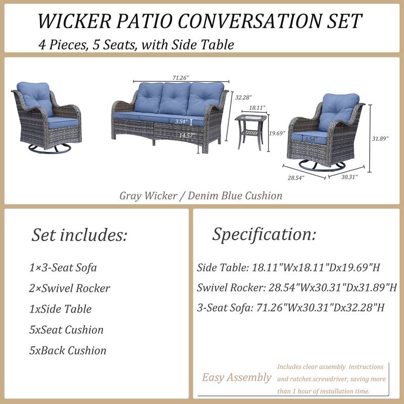 Outdoor Wicker Patio Conversation Seating Sofa Sets with Swivel Chairs