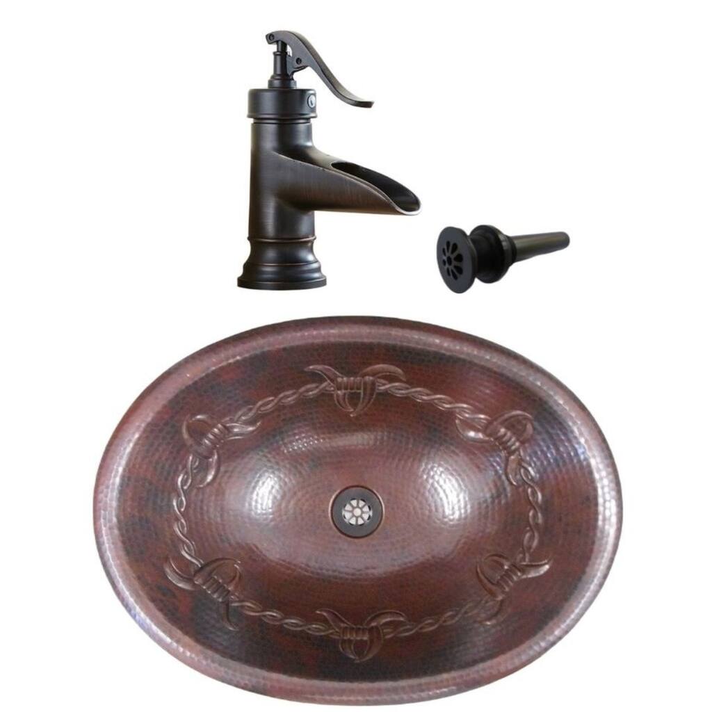 19" Oval Copper Bath Sink Barb Wire Design, Faucet Kit Included - 19" x 14" x 5.5"