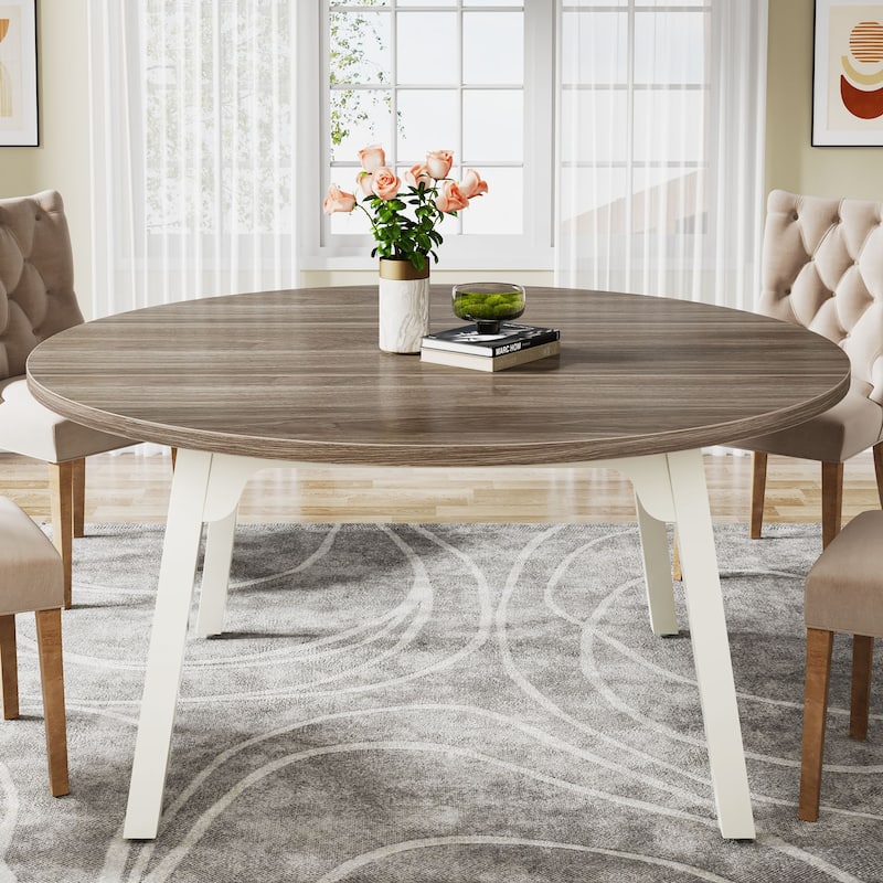 47 Inch Round Dining Table for 4, Farmhouse Kitchen Table - Brown and White