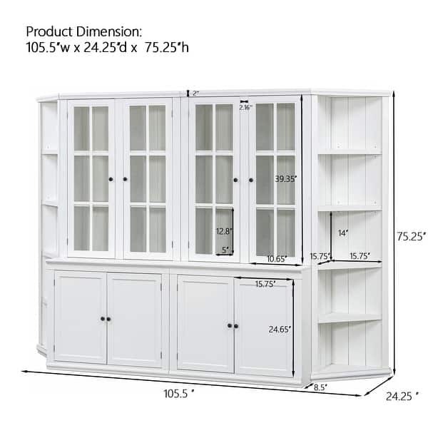 dimension image slide 1 of 4, Roomfitters 75.25'' Display Cabinet with Glass Doors and Two Triangle Bookshelves, Retro Wall Storage Unit for Living Room