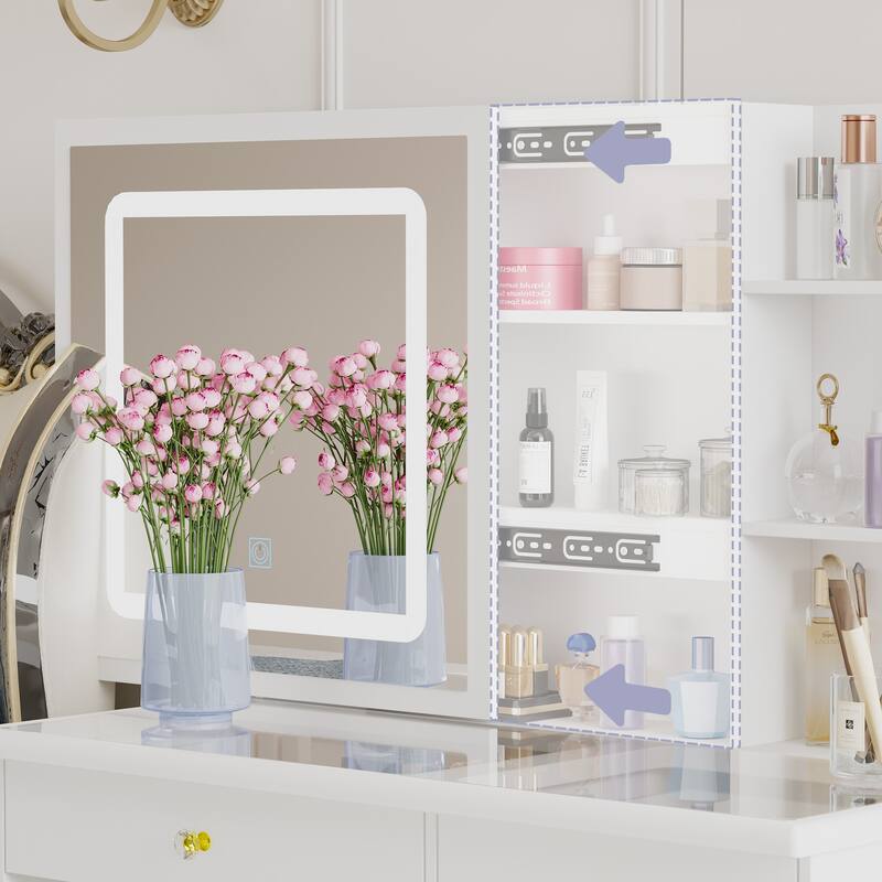 Vanity Desk Makeup Table Sliding Lighted Dressing Table Glass Top