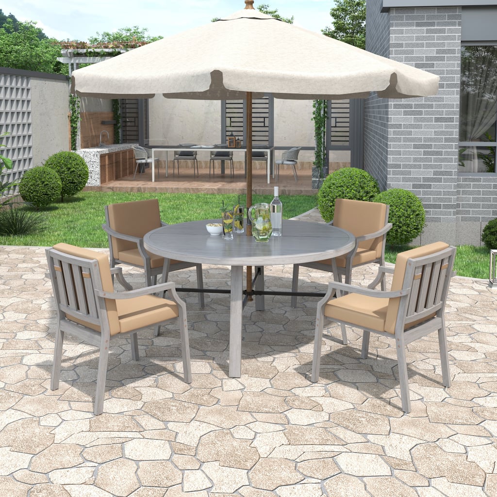 Wooden Round Dining Table Set with Parasol Hole, Outdoor Dining Table Set with 4 Removable Cushions Arm Chairs, Set of 5