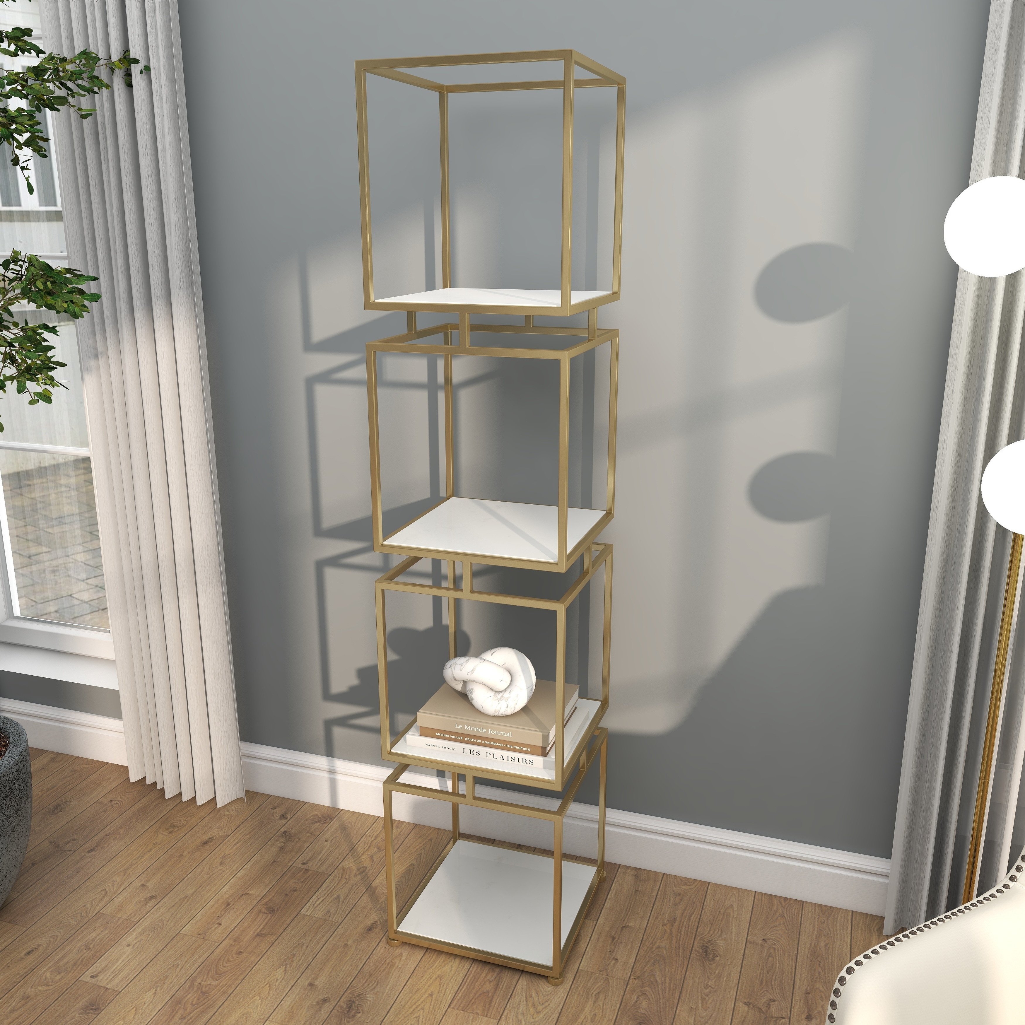 Narrow gold shelf metal tower display shelf cube store bookcase