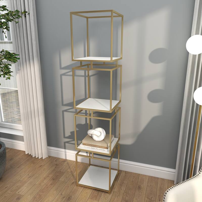 Gold Metal Cube Shelving Unit with 4 Marble Shelves