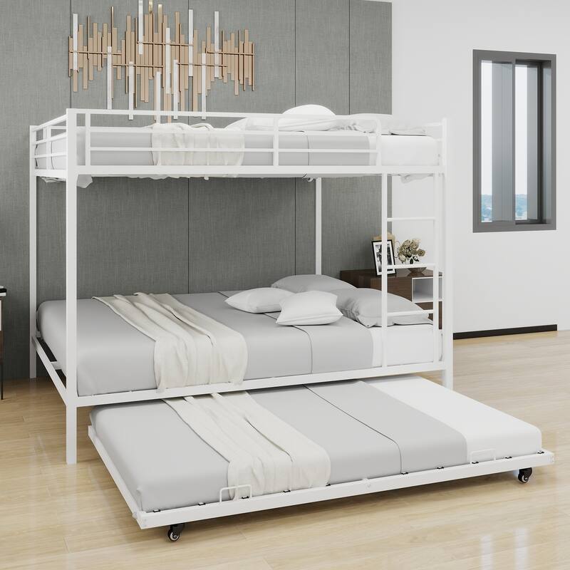 Queen Size Iron Bunk Bed with Safety Rails, Trundle, and Modern Minimalist Design