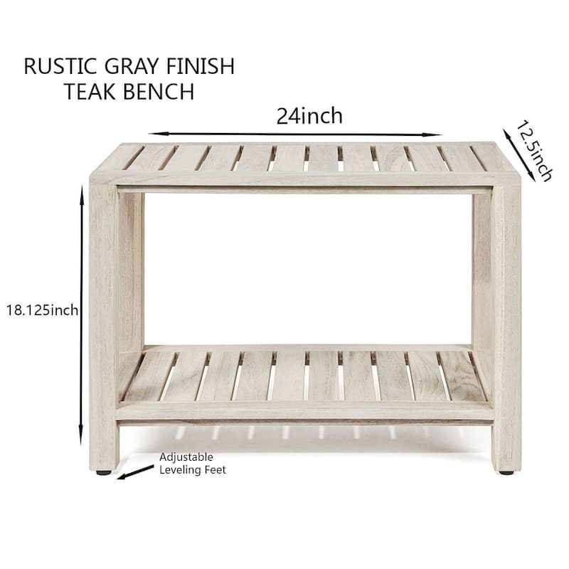 TeakCraft Gray Teak Shower Bench with Shelf 24 Inch - Fully Assembled, Rustic Gray Finish, The LUNI