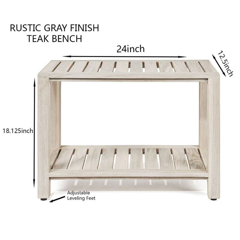 TeakCraft Gray Teak Shower Bench with Shelf 24 Inch Fully Assembled
