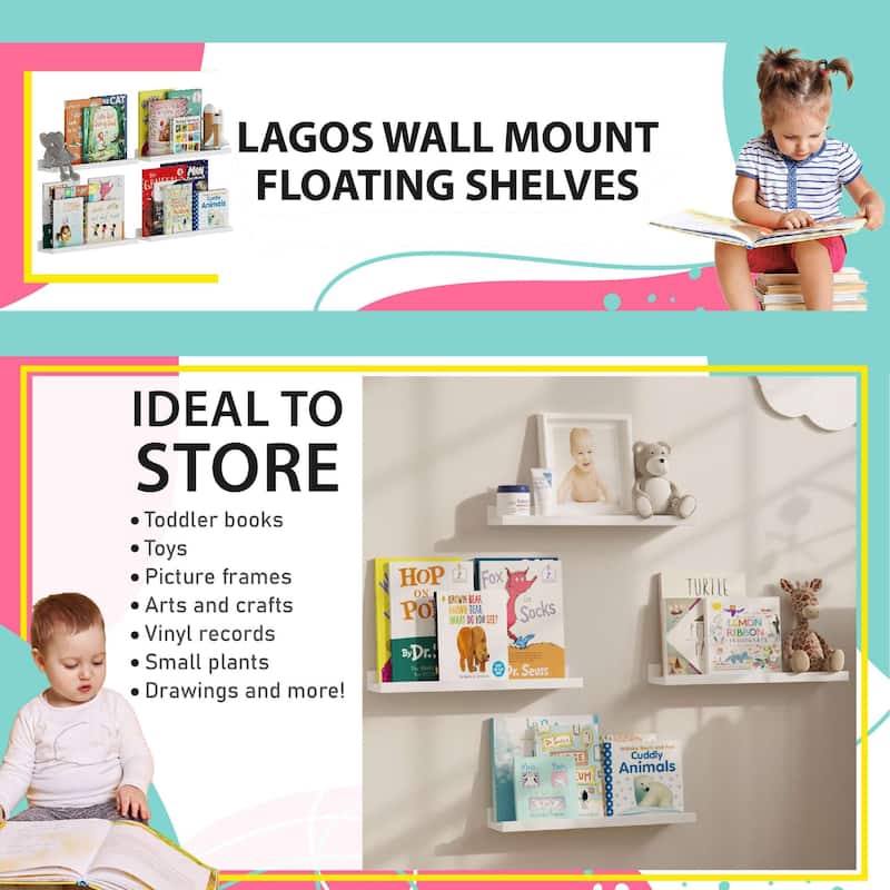 Wallniture Lagos 17" Kids Wall Shelves Floating Nursery Bookshelf Picture Ledge Toy Storage Organizer, Set of 4 - N/A