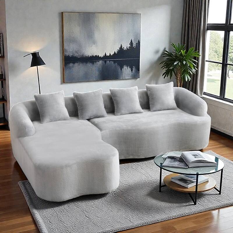 Full Compression L Shaped Sectional Sofa with Curved Chaise, Modular Chenille Couch for Apartment Living Room - Grey