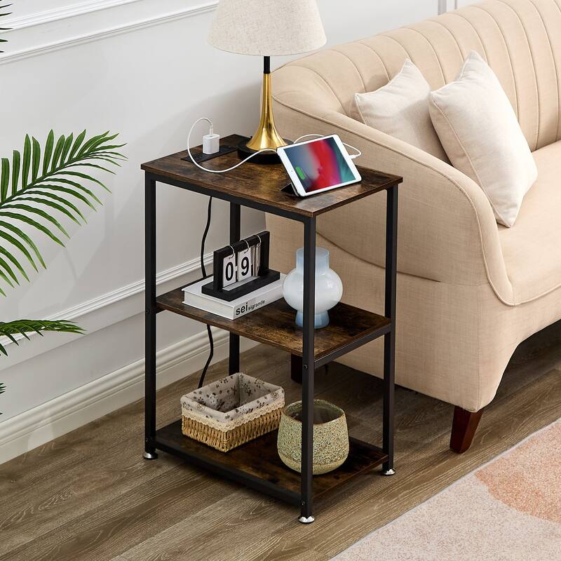 Javlergo Nightstand with Charging Station, Side End Table with 3-tier Open Storage