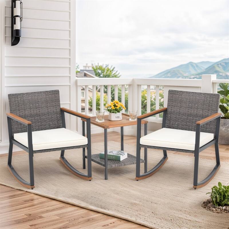 3 Pieces Rocking Wicker Bistro Set, Patio Outdoor Furniture Conversation Sets with Porch Chairs and Glass Coffee Table