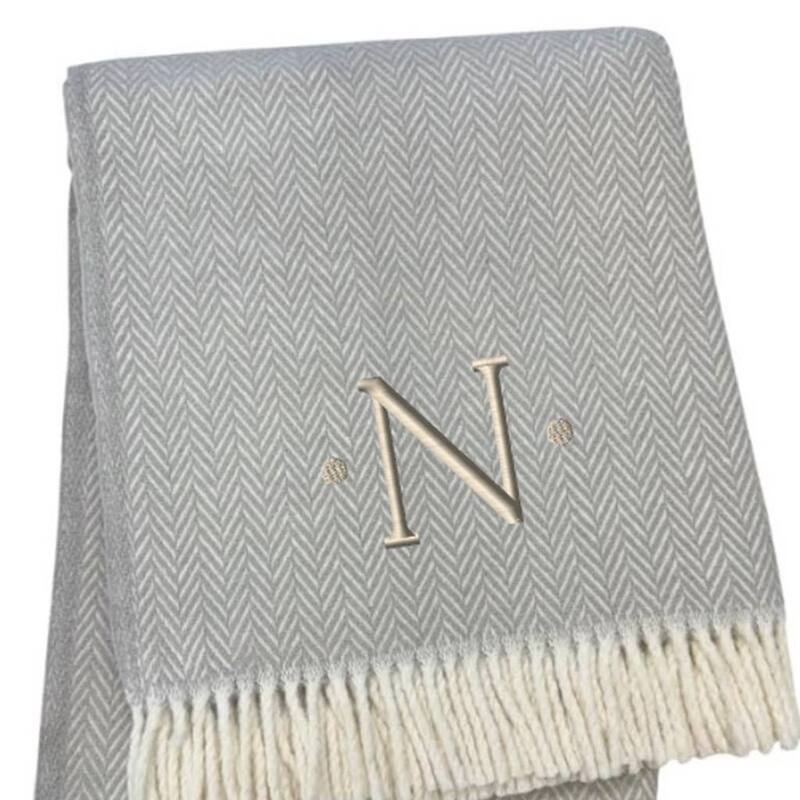 55" X 70" Gray And White Herringbone Cotton Blend A Initial Throw Blanket with Tassels And Embroidery