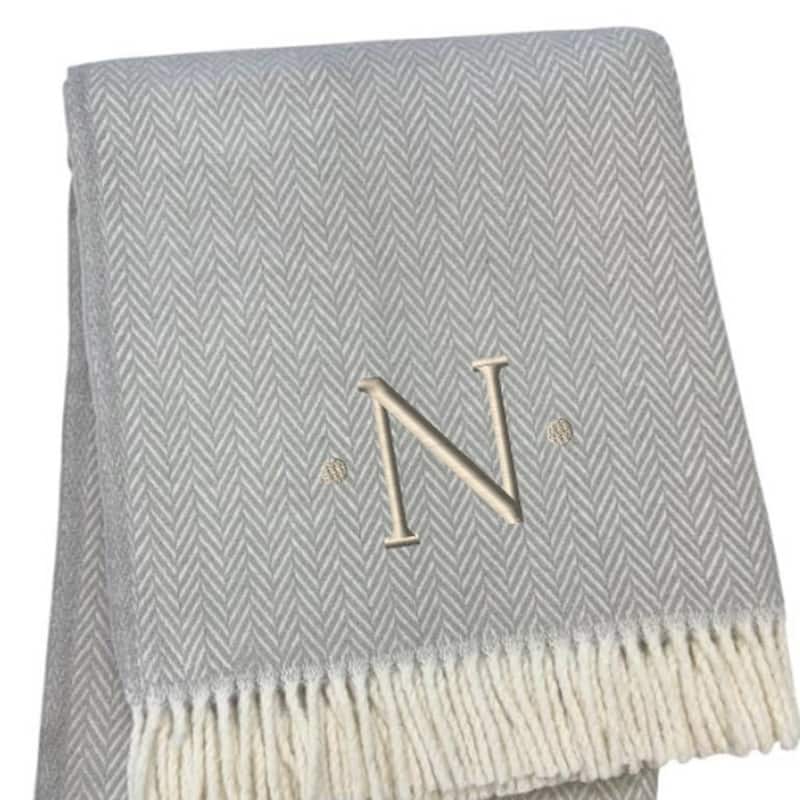 HomeRoots 55" X 70" Gray And White Herringbone Cotton Blend N Initial Throw Blanket with Tassels And Embroidery