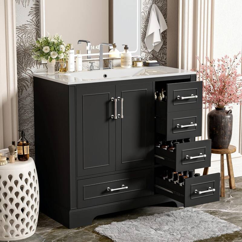 36" Bathroom Vanity with Ceramic Sink - Soft Close Doors and Four Storage Drawers
