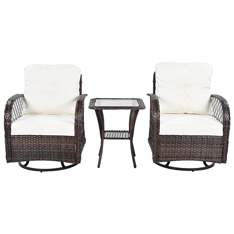 3-Piece Outdoor Chair Table Set Chat with Square Table & 2 Swiveling Chairs Set 2-person Rattan Seating Group for Garden Brown