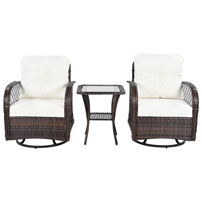 3-Piece Outdoor Rattan Seating Group with 2 Swivel Chairs & 1 Square Table