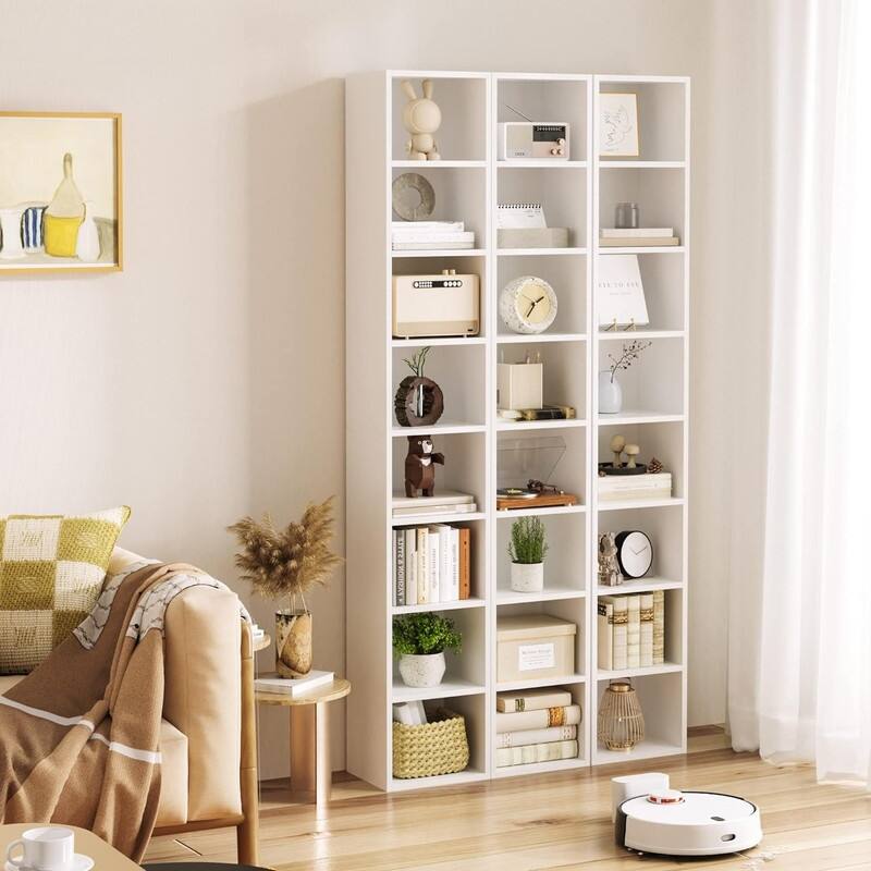 Grondin 8-Tier Media Tower, Wooden Media Storage Rack with Adjustable Shelves, Tall Narrow Bookcase Display Bookshelf