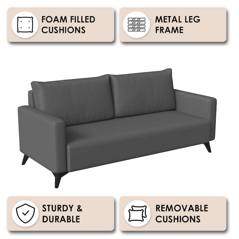 Inno 3 Seater Modern Leather Cozy Sofa in Solid Wood Frame and Stainless Steel Legs with Detachable Back Cushions