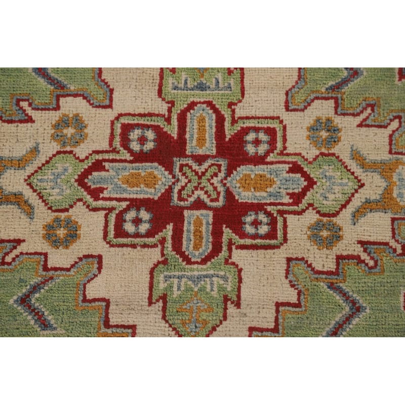 Light Green Geometric Kazak Area Rug Handmade Wool Carpet - 5'0" x 7'0"