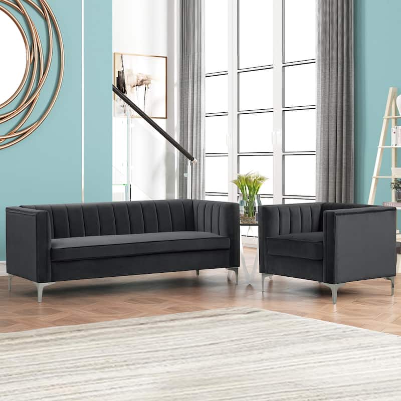 Morden Fort Modern 2 Pieces of Chair and Sofa Couch Set with Dutch Velvet Grey, Iron Legs - Black