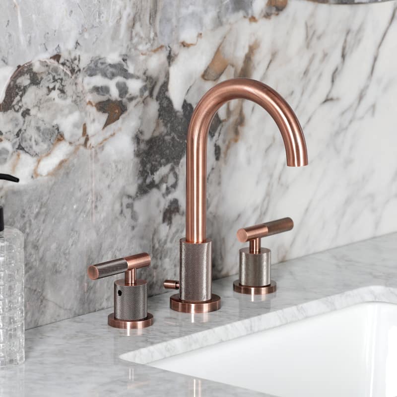 Kingston Brass Convergent Two-Handle 3-Hole Deck Mount Widespread Bathroom Faucet with Knurled Handle and Brass Pop-Up Drain