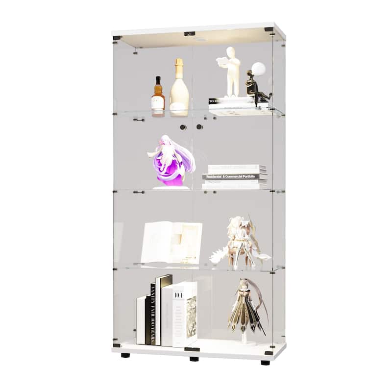 Two-Door LED Lights Glass Display Cabinet w/4 Shelves, Floor Standing Bookshelf for Living Room Bedroom Study or Collection Room