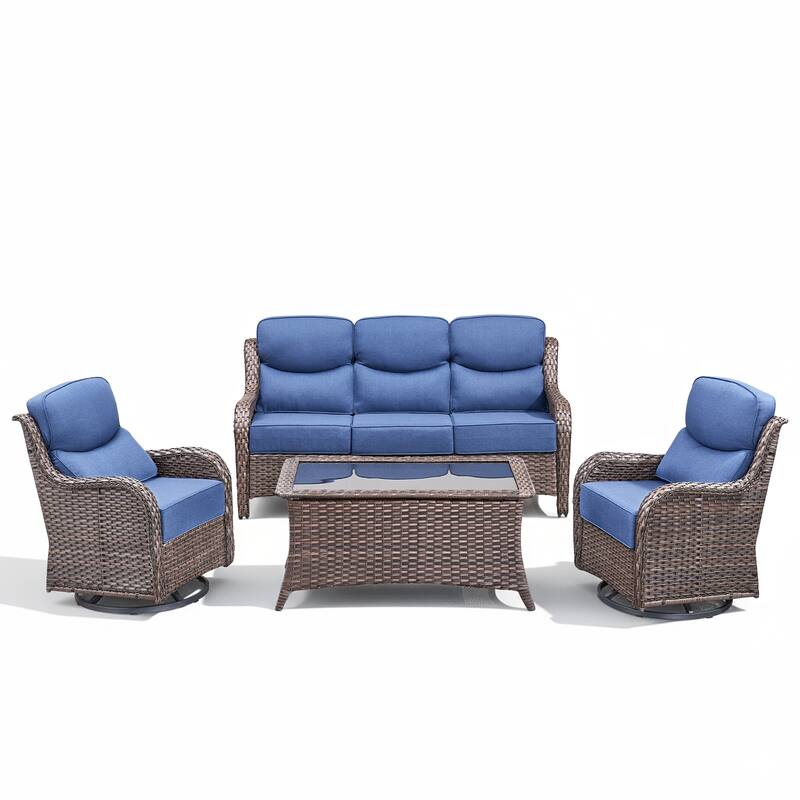 Arcadia 4-Piece Wicker Outdoor Patio Conversation Set with Swivel Gliders and 6-Inch Thick Olefin Cushions