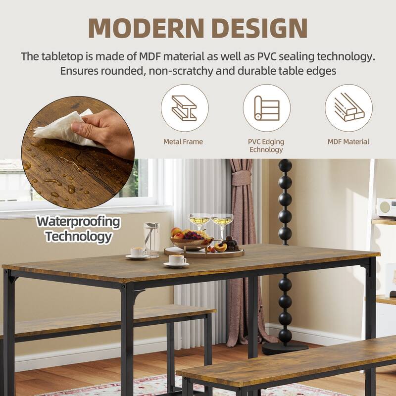 4-6 Person Dining Set with Faux Marble Top, PU Leather Benches and Storage Shelf