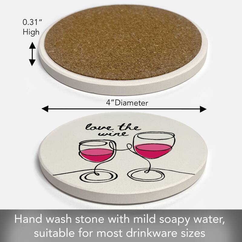 Wine Glass Heart 4 Pack Absorbent Stone Coaster with Protective Cork Backing Made in The USA 4" Round, Easily Wipes Clean