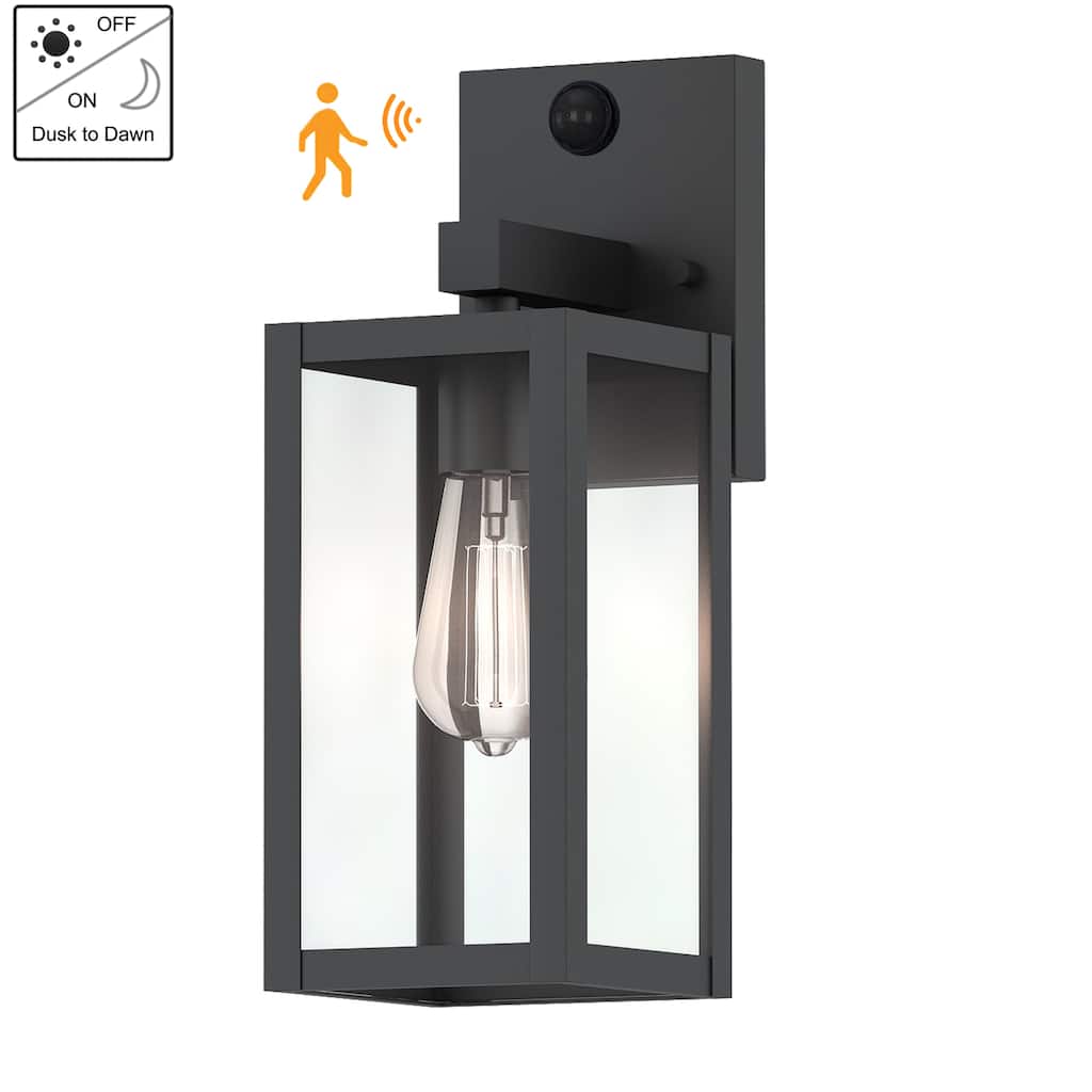 1-Light 14.02" Outdoor Wall Lights Motion Sensor Dusk to Dawn with Matte Black Finish and Clear Glass Shade