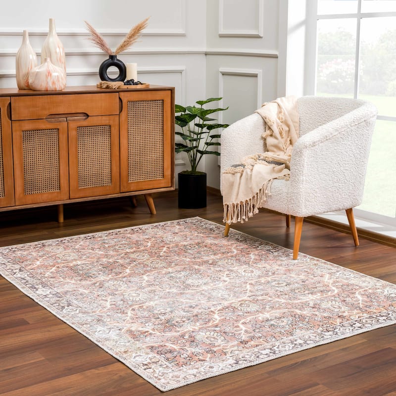 Hauteloom Georgia Machine Washable Persian Oriental Traditional Area Rug - 5'3" x 7'3" - Peach, Pink, Mustard, Blue, Brown, Off White