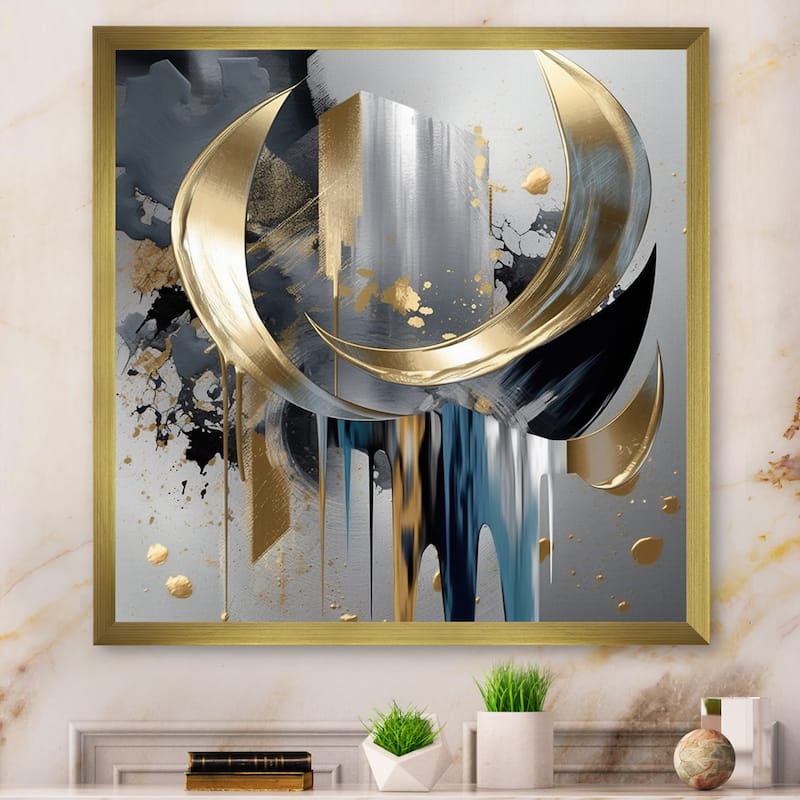Designart "Abstract Shapes And Lines I" Abstract Marble Framed Canvas Prints - 16 in. wide x 16 in. high - Gold