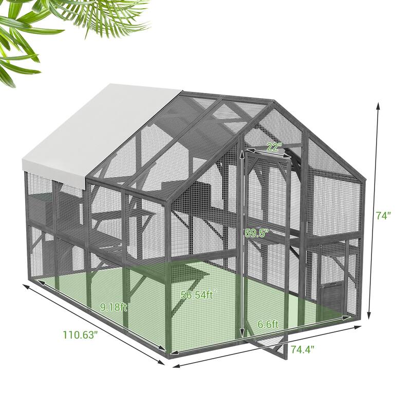 57.2ft² Large Wooden Outdoor Cat House, with 2 Cat Doors, Roof Cover