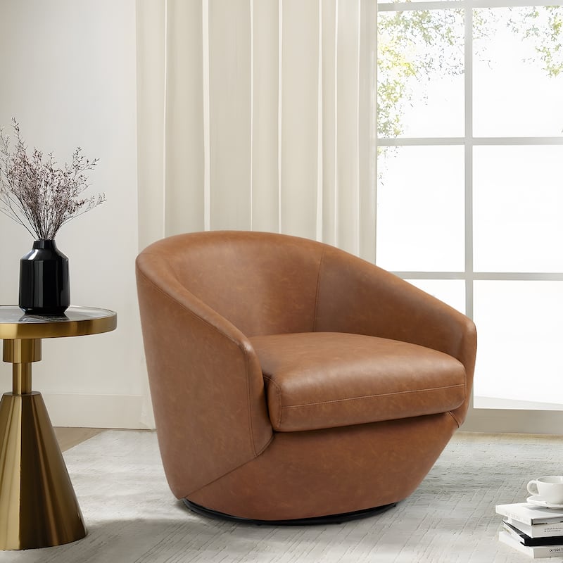 Vegan Leather Upholstered Swivel Barrel Accent Chair