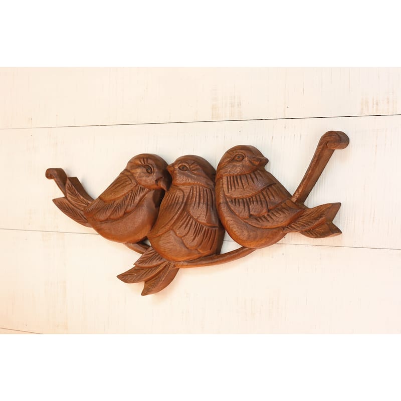 15" Wood Three Birds Wall Panel - Hand Carved Decorative Wall Art, Rustic Nature Home Decor