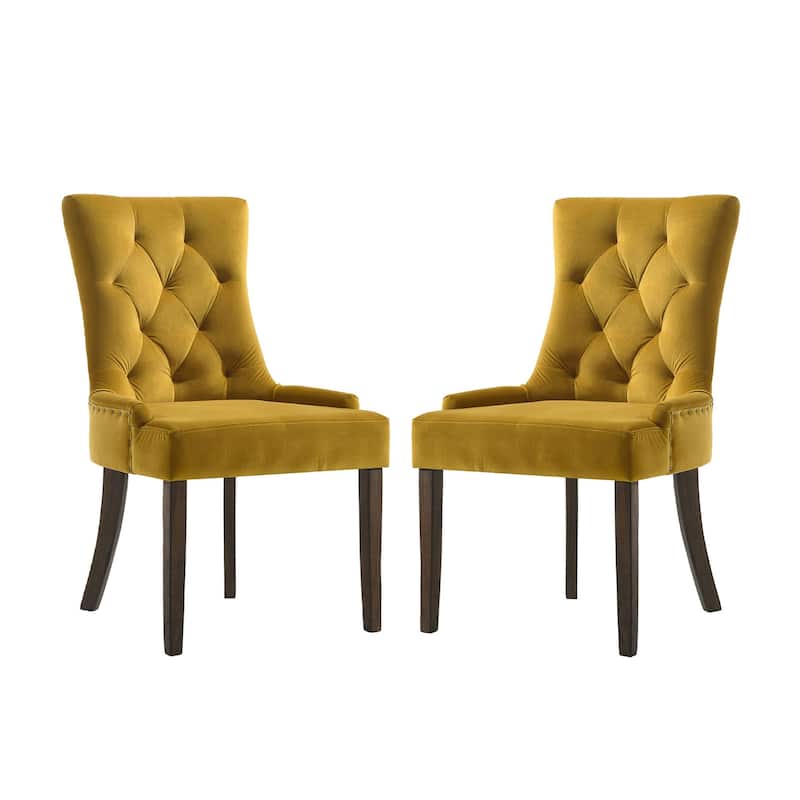 Set of 2 Velvet Upholstered Dining Chairs, Yellow and Espresso - Yellow+Espresso