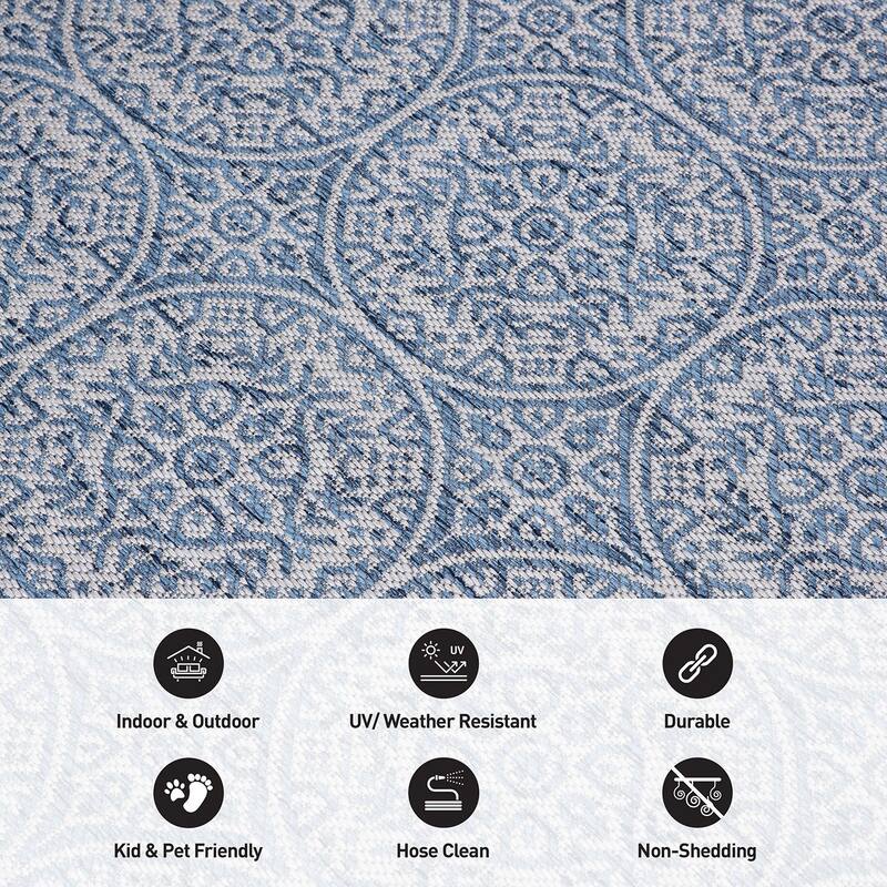World Rug Gallery Transitional Floral Circles Textured Flat Weave Indoor/Outdoor Area Rug