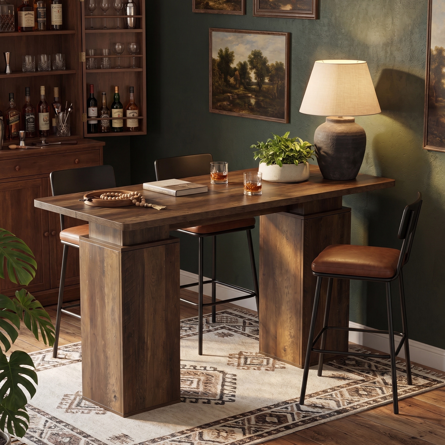 63" Long Bar Table with Storage Cabinets for Kitchen, Counter Height Pub Dining Table, Rectangular Home Bar Unit
