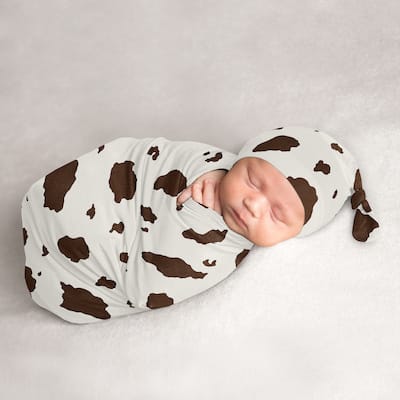 Wild West Cow Print Baby Cocoon and Beanie Hat Sleep Sack 2pc Set Brown and Cream Gender Neutral Western Southern Country Animal